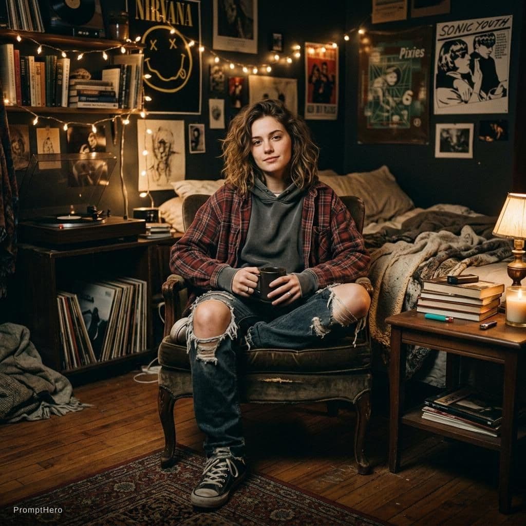 AI generated: A cozy, dimly lit room with a laid-back, grunge vibe. The subject wears an oversized, plain hoodie l...