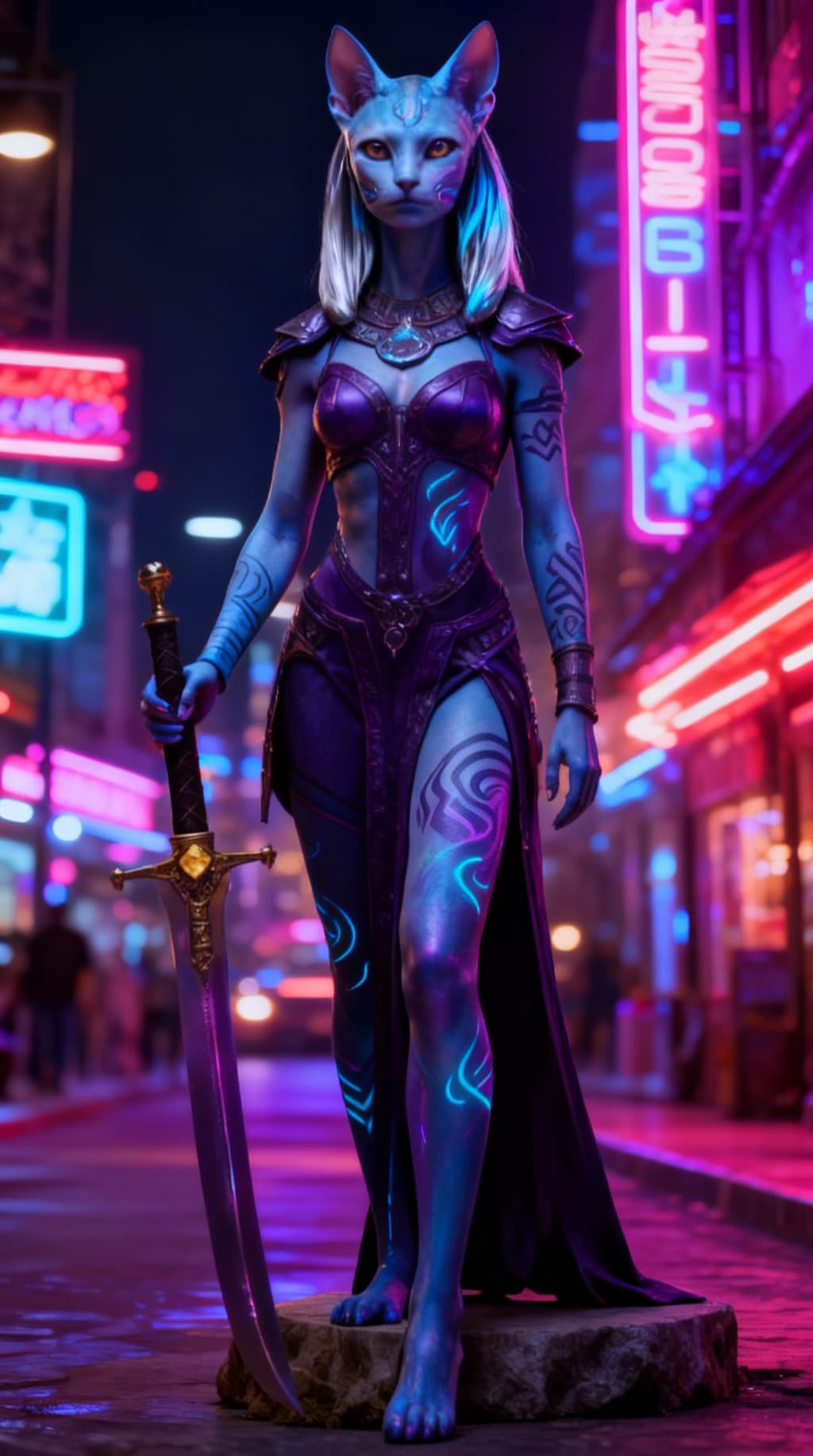 AI generated: Blend anthropomorphic to create a new anthropomorphic, alien hybrid. Give a Nightlife backdrop, and ...