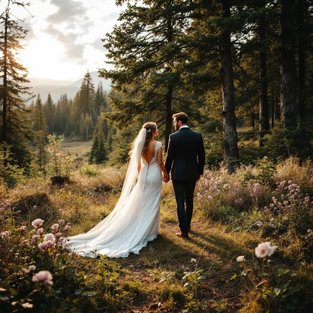 AI generated: A couple's wedding in the woods with a beautiful scenery