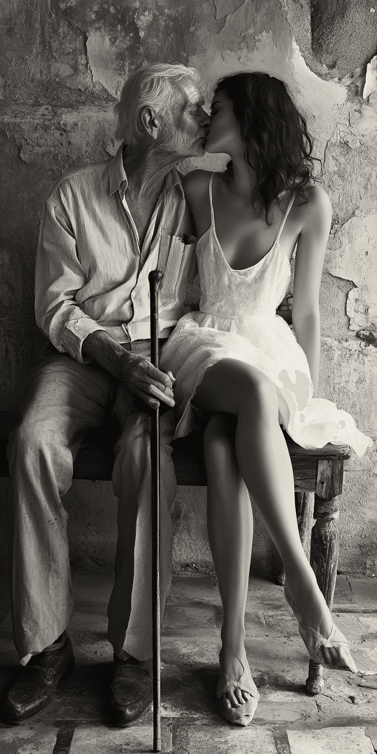 AI generated: A grayscale image shows an older man and a younger woman sitting on a rustic wooden bench.  The man,...