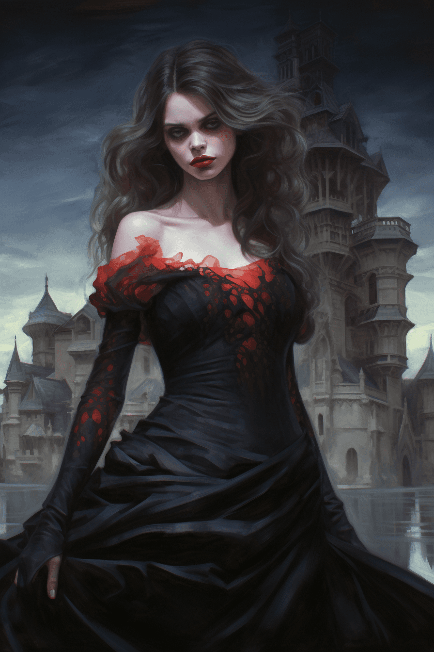 AI generated: An illustration of a woman in a black dress standing near water and a castle, in the style of artger...