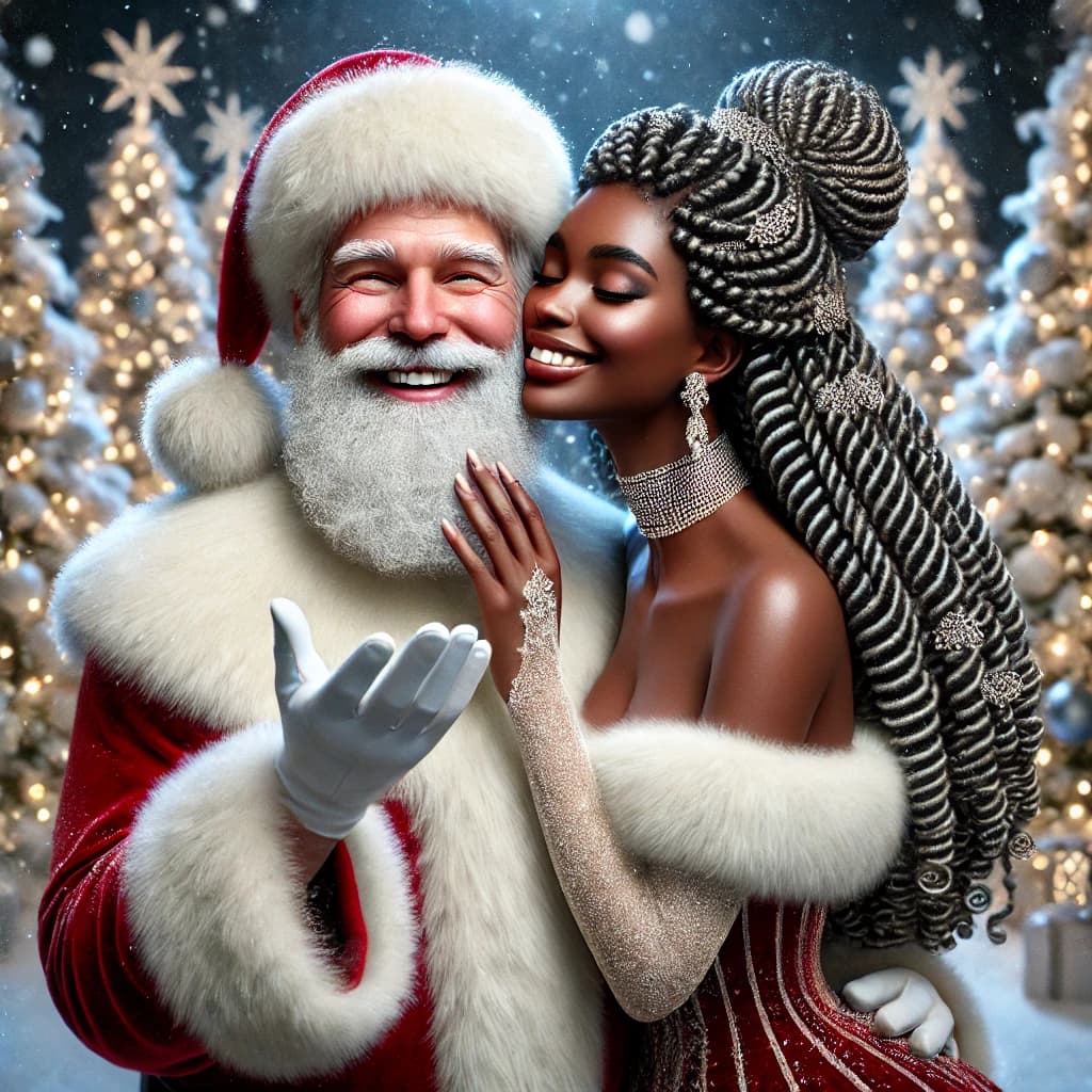 AI generated: A hyper-realistic full-body image of Santa Claus and Mrs. Claus in a festive, snowy setting. Santa C...