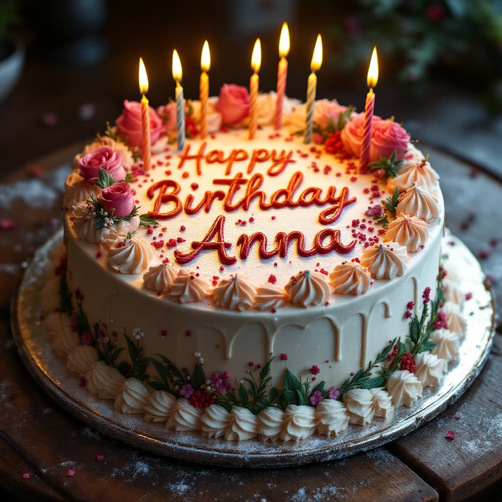 AI generated: hyper realism, high detail, cake, that says happy birthday Anna on the icing, whole cake,
