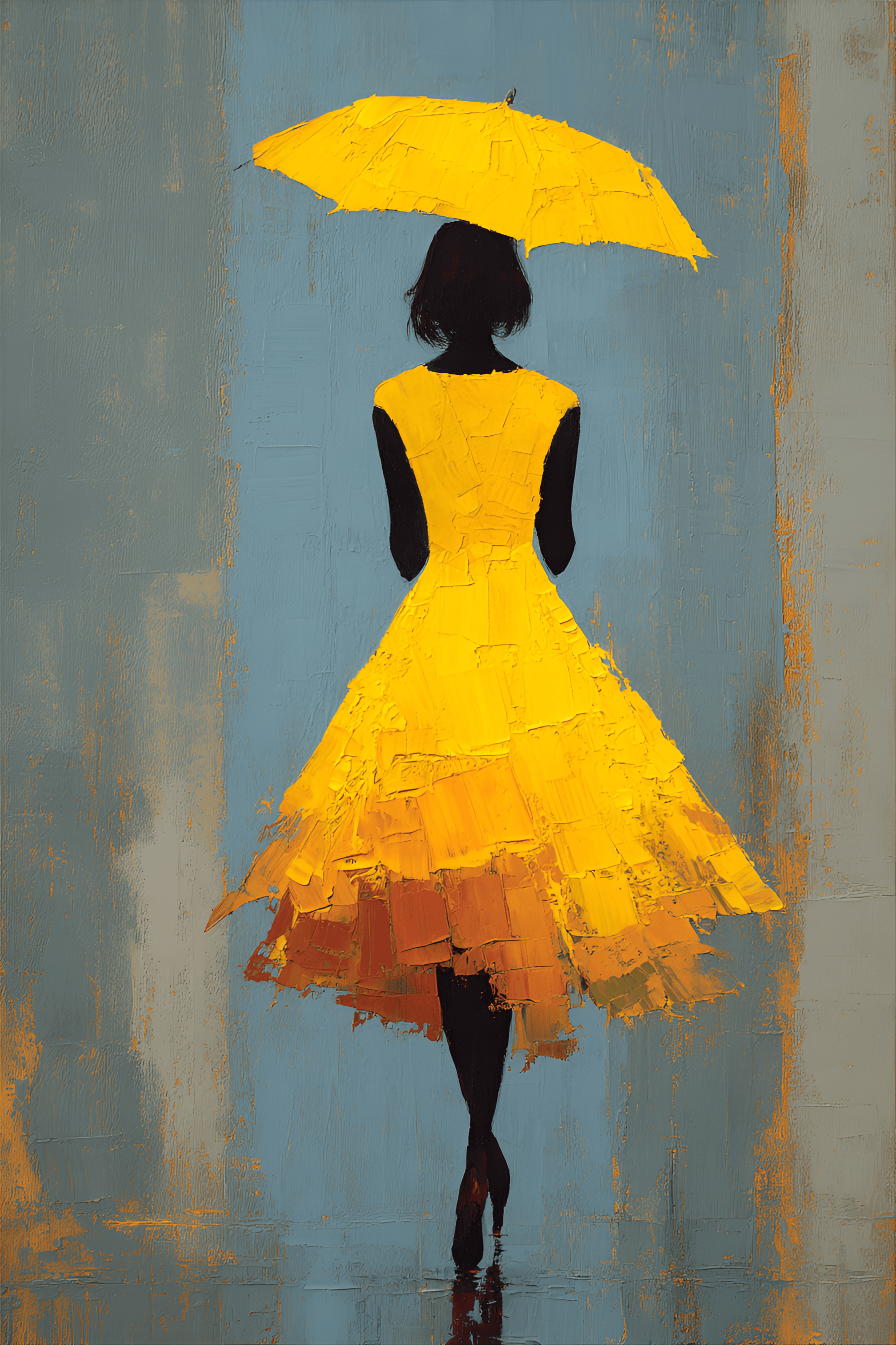 AI generated: silhouette of a woman walking away from the viewer, beneath an open umbrella. The woman is depicted ...
