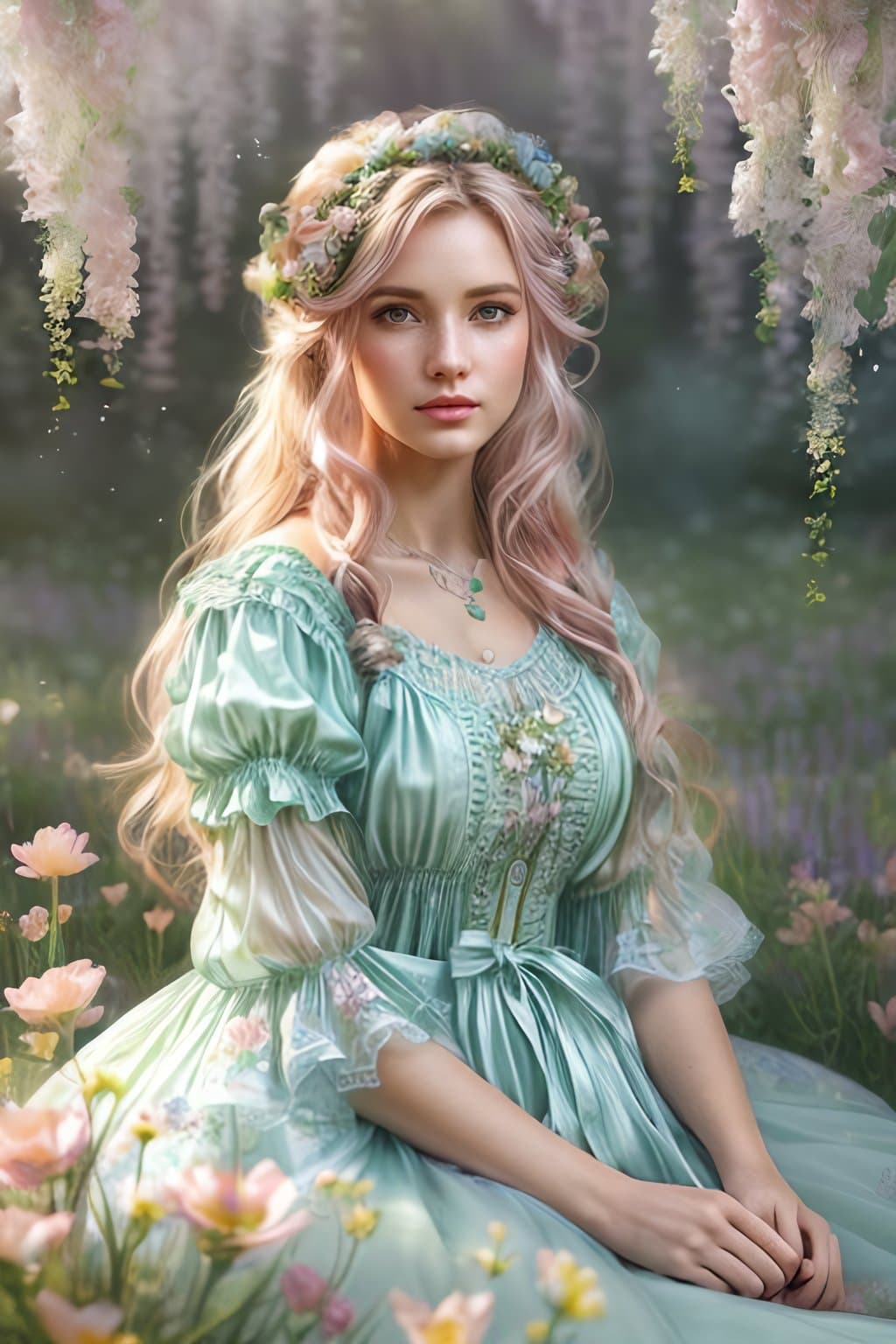 AI generated: mdjrny-v4 style, whimsical fantasy elegant meadow flowers botany maximalism with a wave of flowers g...