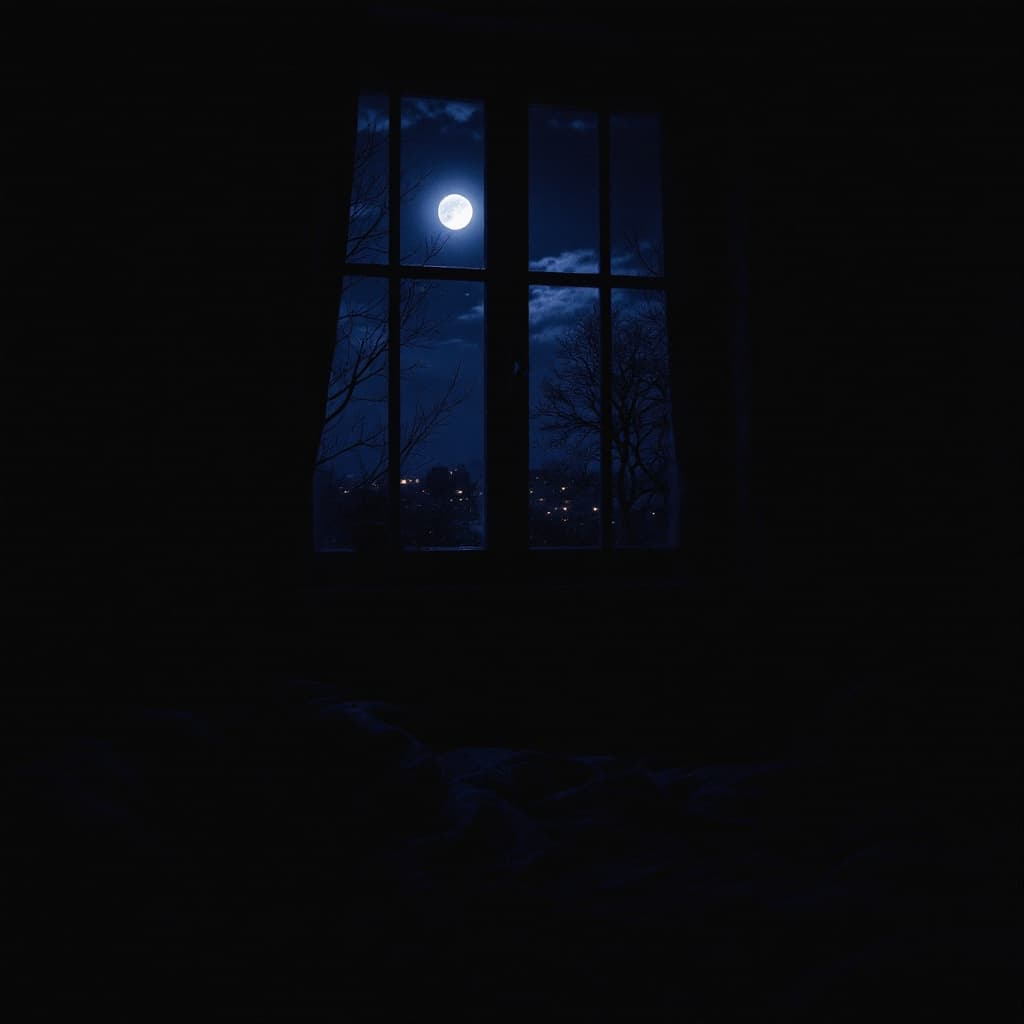 AI generated: A dark room seen from outside the window, is night, the only light is from the moon ,it is a woman's...