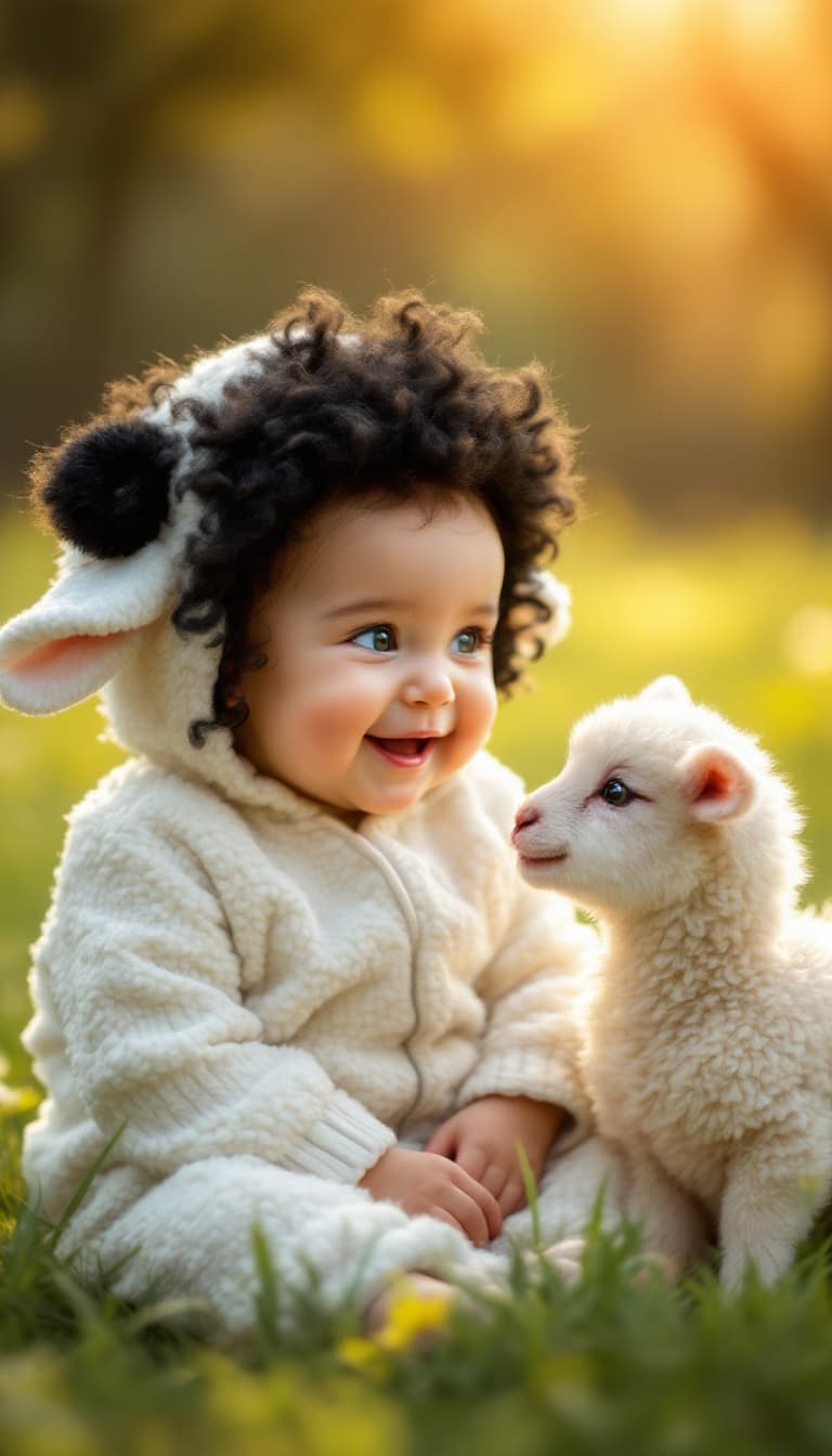 AI generated: A hyper-realistic image of a baby dressed in a lamb costume, with fluffy black wool; sitting on a gr...