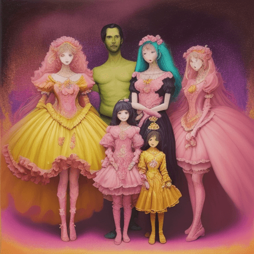 AI generated: an oil painting of a Family , in the style of psychedelic manga, dark yellow and light pink, elabora...