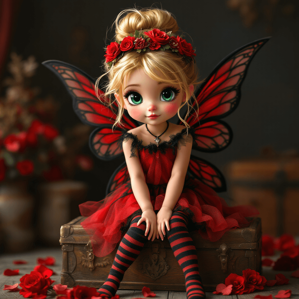 AI generated: A beautiful little fairy with golden hair tied back in an elegant bun, adorned with loose highlights...