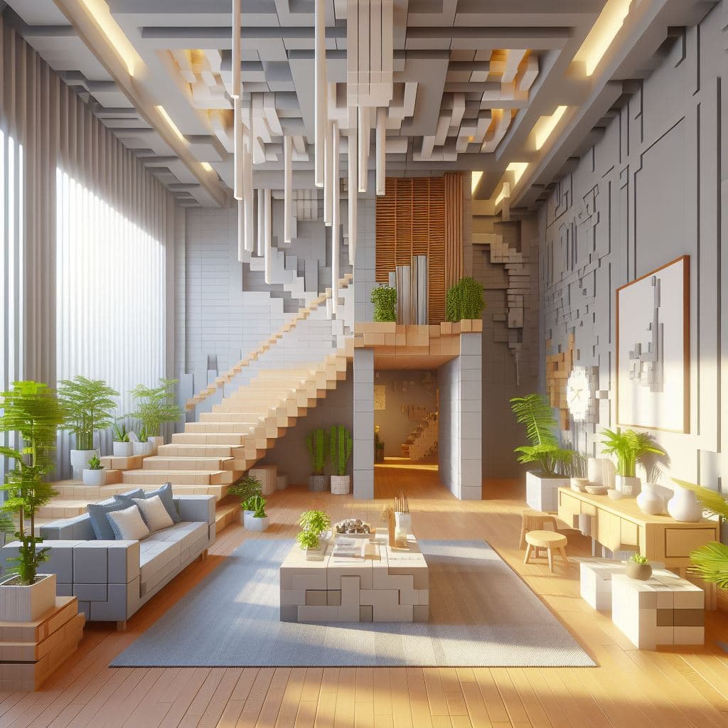AI generated: interior de una casa moderna decorada por bloques 3d de minecraft