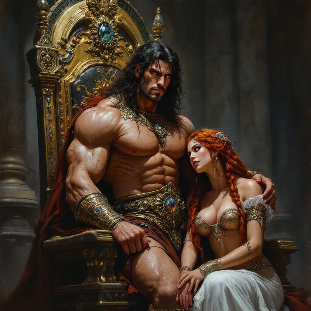 AI generated: An exquisite dark fantasy oil painting depicting the formidable Lord Conan, the emperor of the Waste...