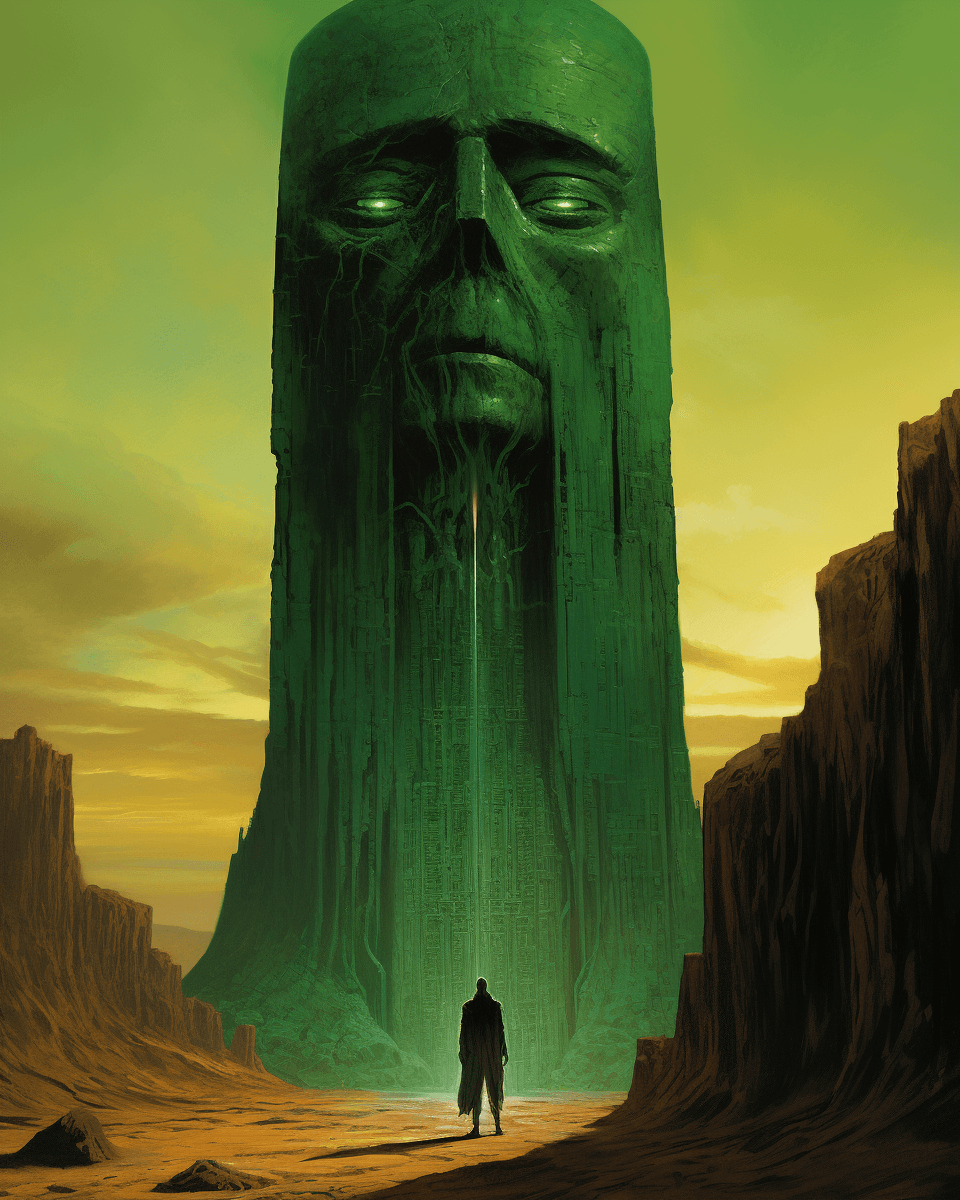 AI generated: A green giant made of crystal and emerald, with an eye in the center of his head stands on top of a ...