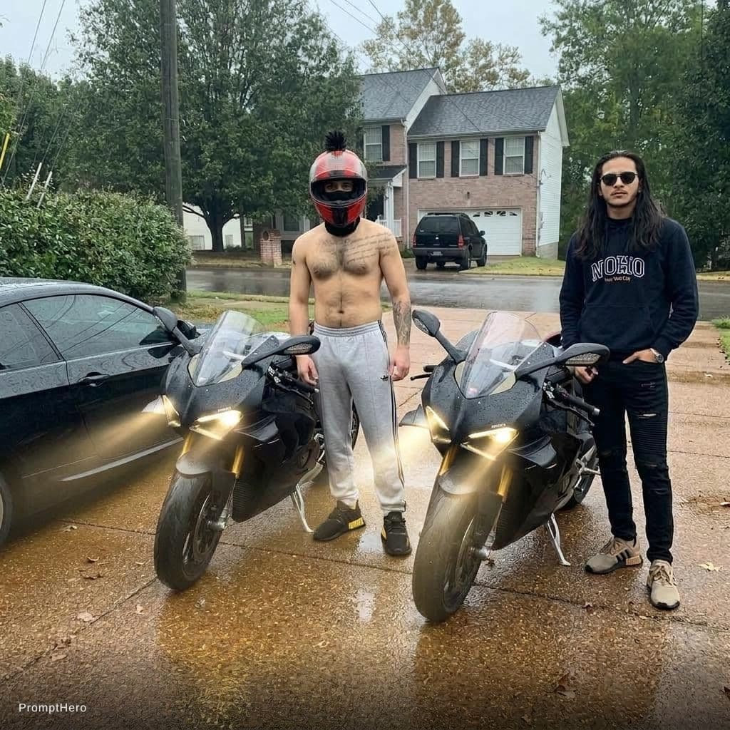 AI generated: Left side person wear him the uploaded shoes and turn the lights in the Bikes