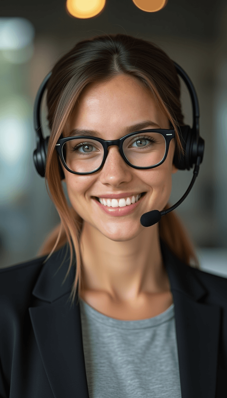 AI generated: A woman in a professional setting, smiling warmly at the camera, wearing a black blazer over a gray ...