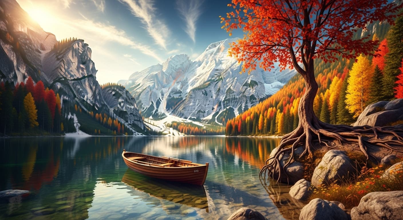 AI generated: A serene mountain lake during autumn, painterly realism. A wooden rowboat floats gently on still wat...