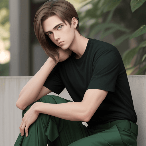 AI generated: brown-haired, green-eyed boy of slim build with a medium-long book hairstyle dressed in a black shir...