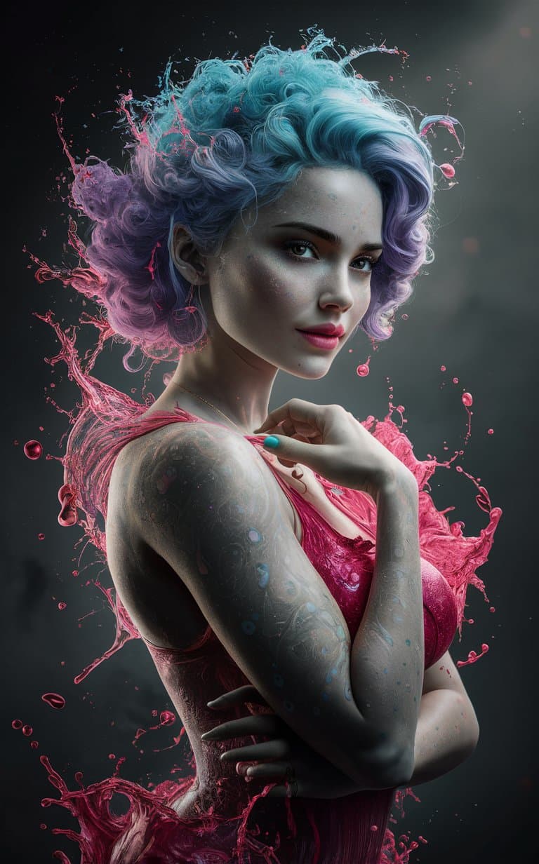 AI generated: gorgeous female made of colorful liquid splashes, merging, melting, splashing, droplets, mixing, fad...