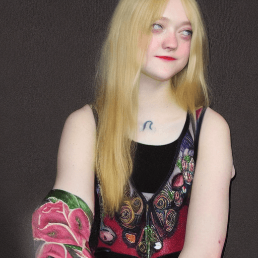 AI generated: Dakota fanning body art, comfort pose,