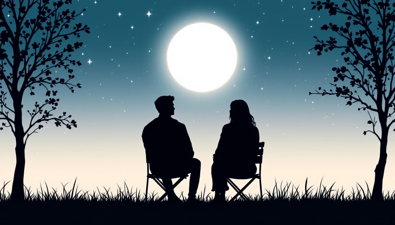 AI generated: a silhouette couples sit down in chairs  in the middle of quite public park under the moon, fool moo...