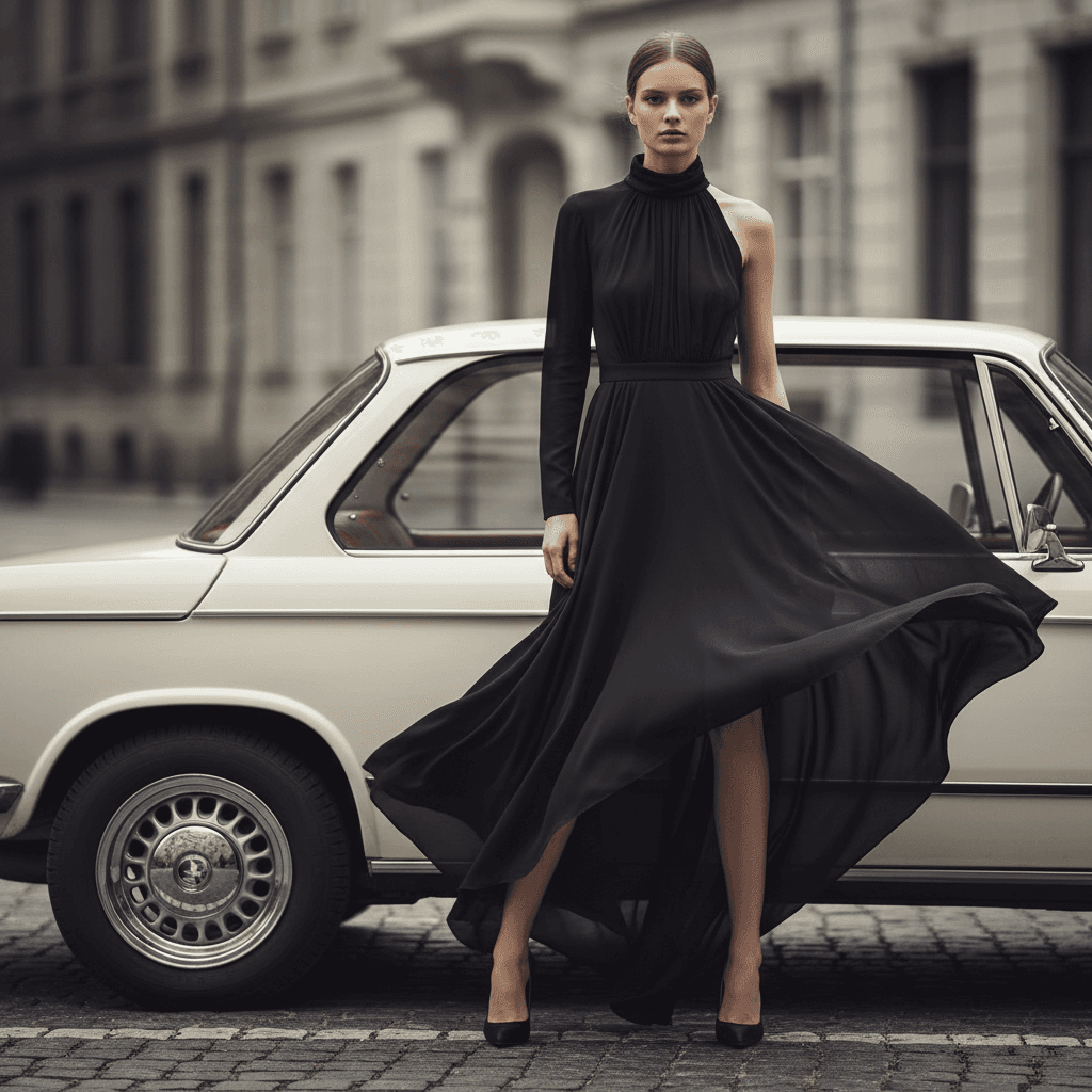 AI generated: High-fashion editorial photography, a tall model standing confidently in front of a vintage BMW car ...