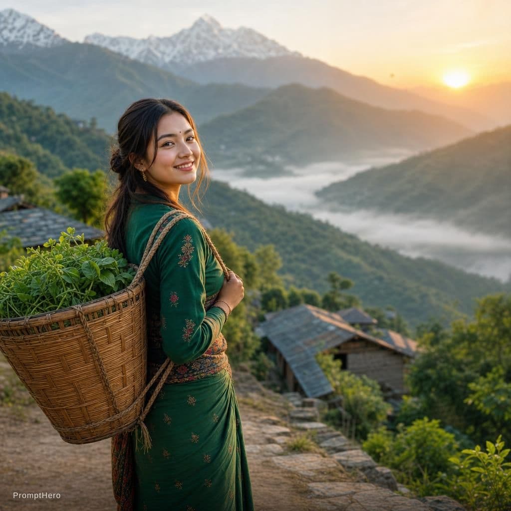 AI generated: A beautiful woman standing at mountain bring local nepali doko morning sunrise green collor cinemati...