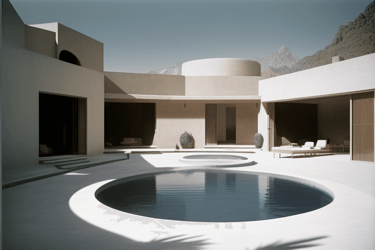 AI generated: a large flat seamless round swimming pool within a round courtyard of a modern brutalist house in Ma...