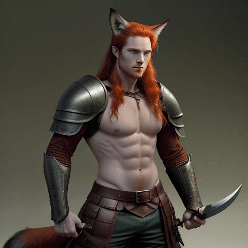 AI generated: Character: Tall, lean, slightly muscular red-haired green-eyed man with fox ears and lush tail in fu...