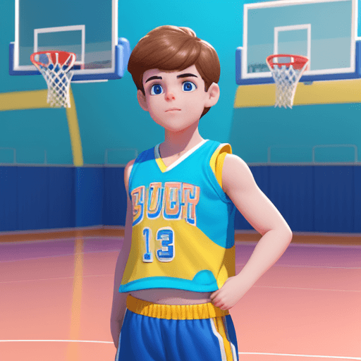 AI generated: a Super cute sports boy,wearing a basketball vest,blueshorts,big watery eyes，clean bright basketball...