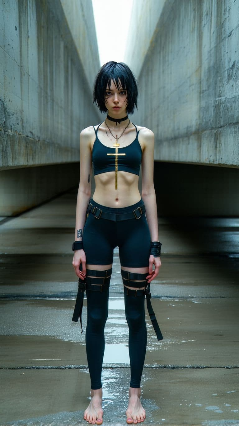 AI generated: full body view of a slim, only wearing leggings, abs, 20 yo Norwegian female supermodel, with short ...