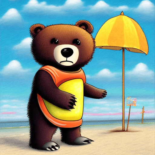 AI generated: A cute bear carrying a backpack and standing at a sunshine beach. color pencil style