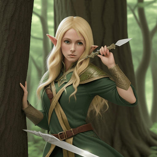 AI generated: Blonde elven ranger hiding behind trees holding two daggers