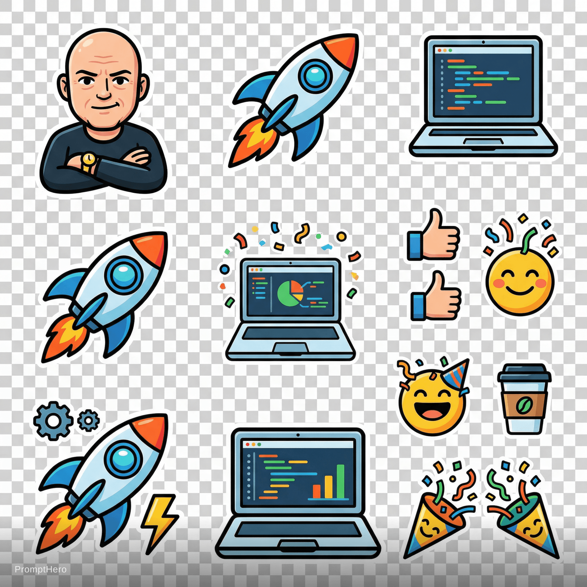 AI generated: tech startup stickers based on the uploaded logo, rocket ships, laptops, celebration emojis, modern ...