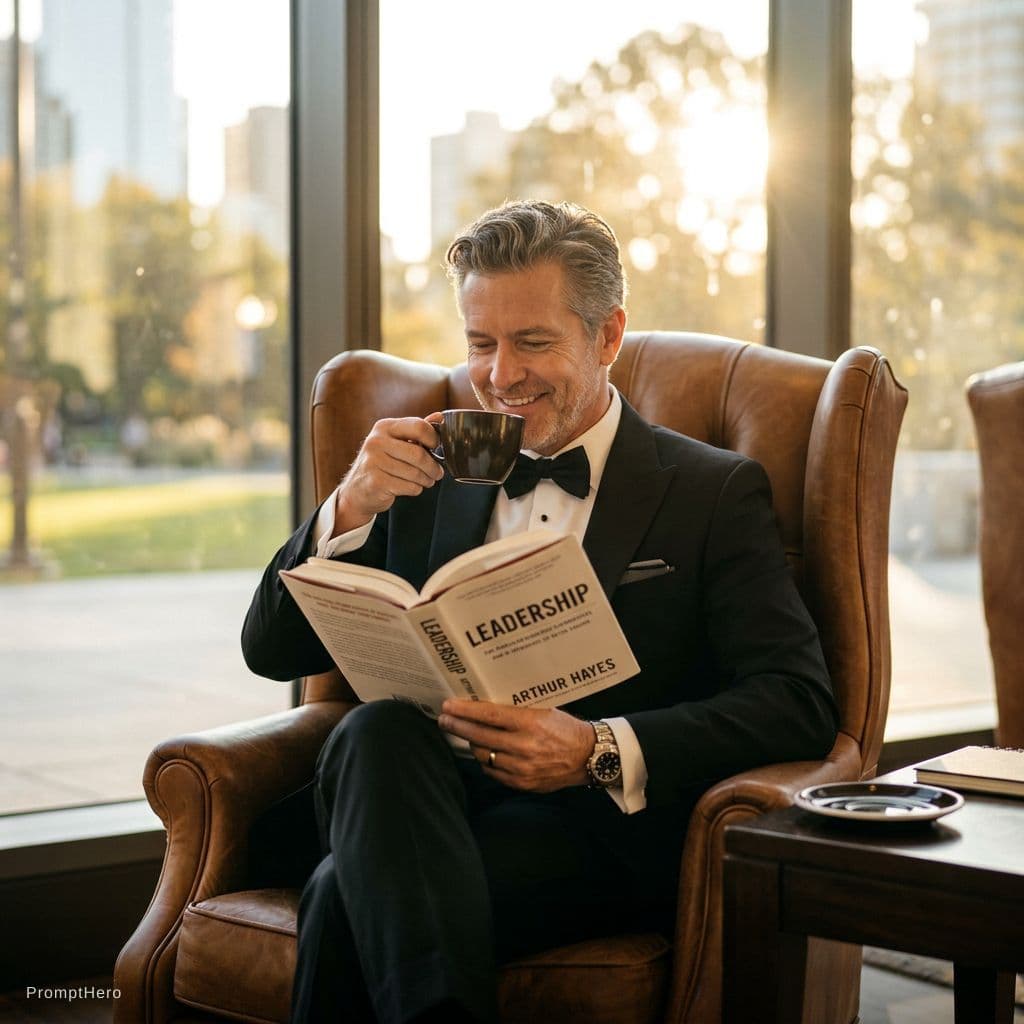 AI generated: Generate a photo of a business man sitting on a chair reading a book in his hand and drinking coffee...