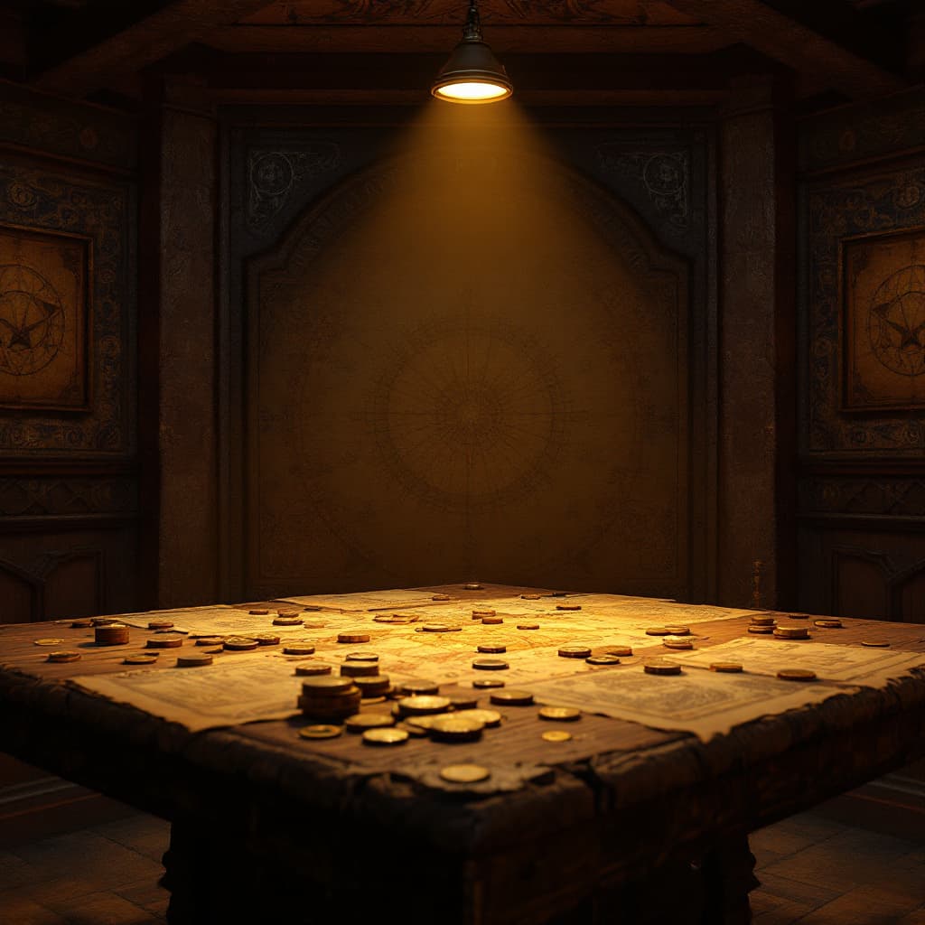 AI generated: Hidden room behind tavern bar, secret chamber with ancient symbols on walls, maps and coins scattere...