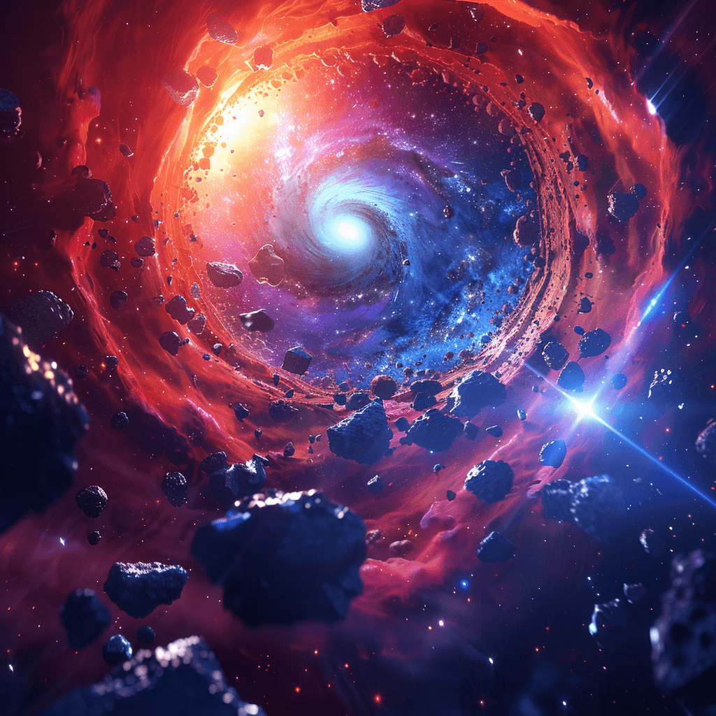 AI generated: asteroid fields and galaxies, creating an epic scifi scene. The background features colorful nebulae...