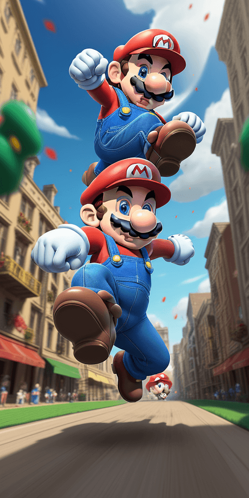 AI generated: ("Craft a dynamic 4D artwork that brings Super Mario to life in an exhilarating sprint towards the v...