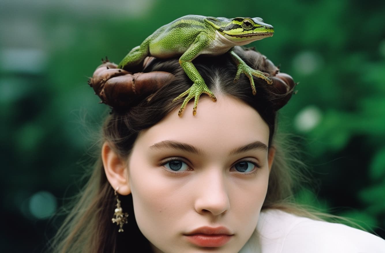 AI generated: a woman with a frog on top of her head, a photo, by Miwa Komatsu, tumblr, renaissance, bella hadid, ...