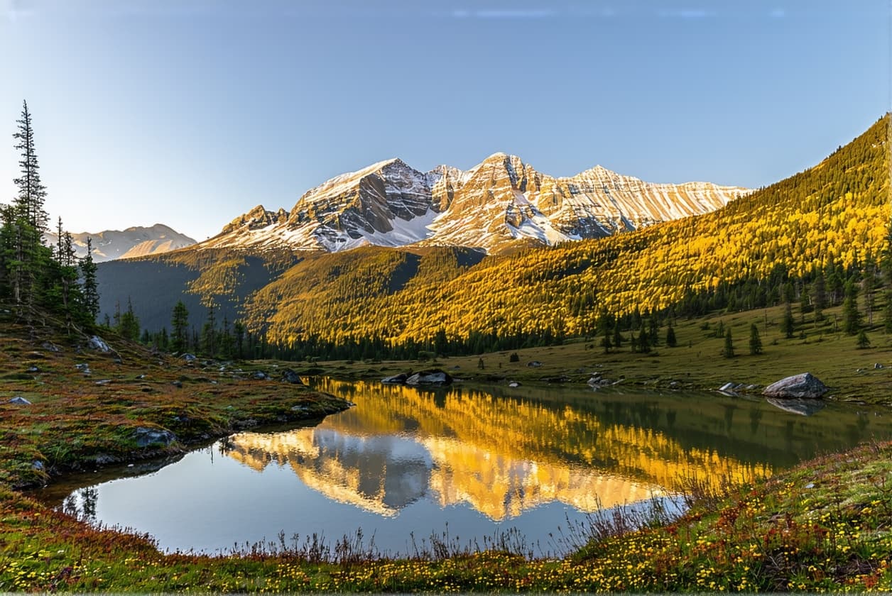 AI generated: (A serene mountain landscape at sunrise), featuring a calm lake with a mirror-like reflection of the...