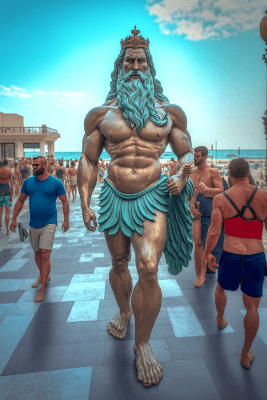 AI generated: Poseidon god walking on the streets in city beach with real people around him cinematic, ultraphotor...