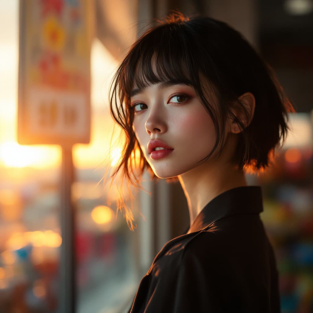 AI generated: portrait photo of a stylish beautiful girl in a future convenience store, asymmetric hair cut, cyber...