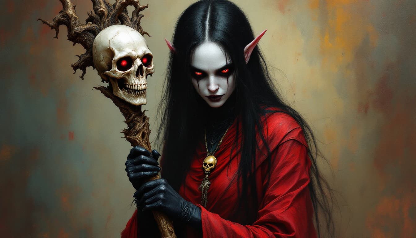 AI generated: An oil painting of a gaunt  Eberron elf priestess with long black straight hair.  She has black eyes...