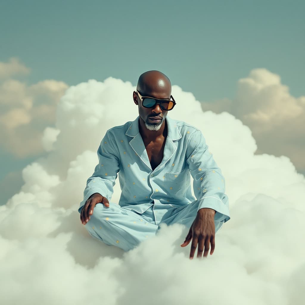 AI generated: A photo of an eccentric black man sitting on top of white fluffy clouds wearing big sunglasses and l...