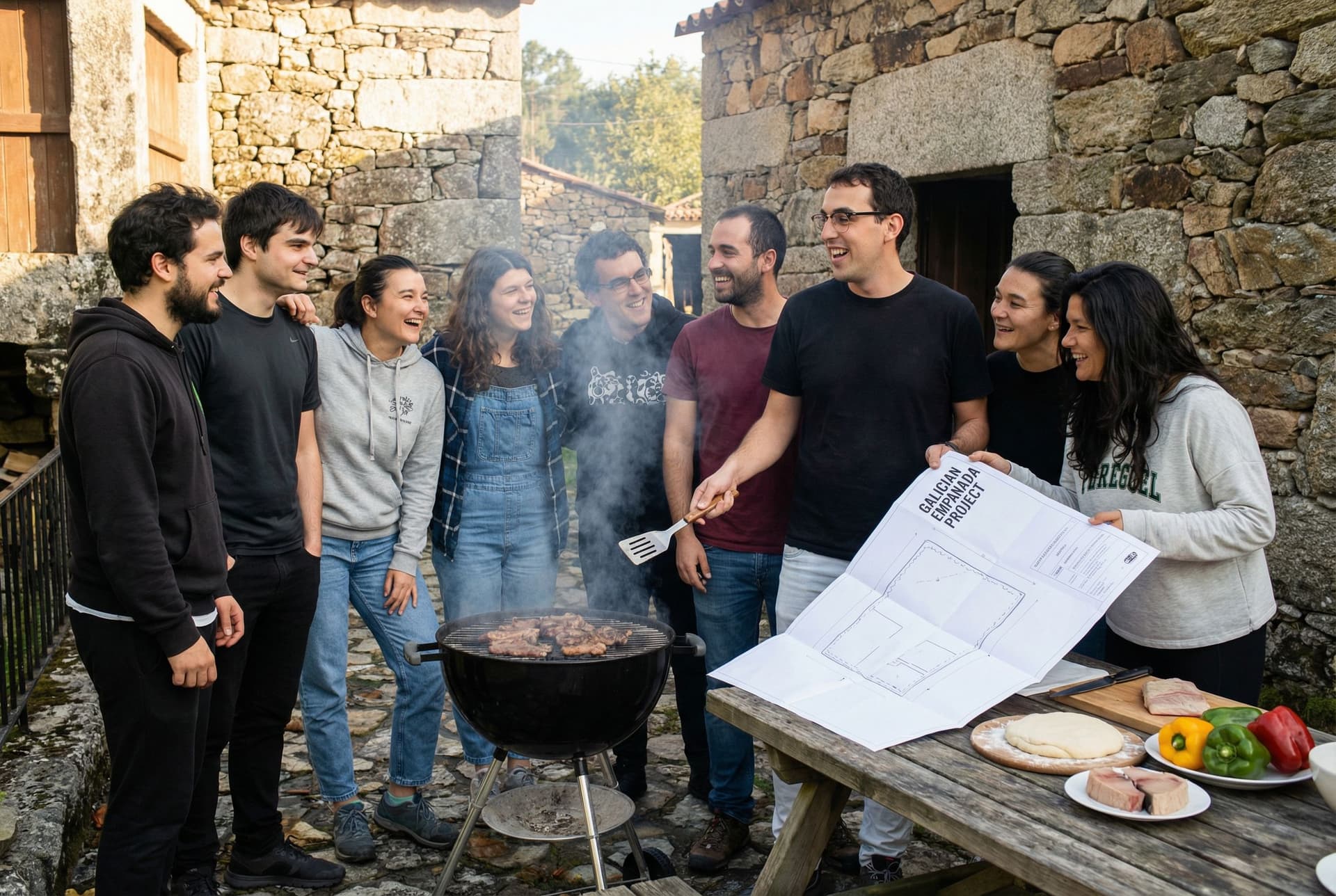 AI generated: group of 8 friends, use the faces of the pictures doing grill in the rural, planing next project abo...