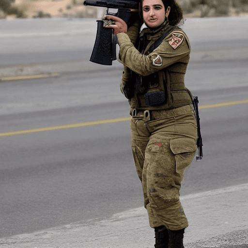 AI generated: A beautiful Israeli woman, in a military dress,  with a modern rifle in her hands, aiming to shoot