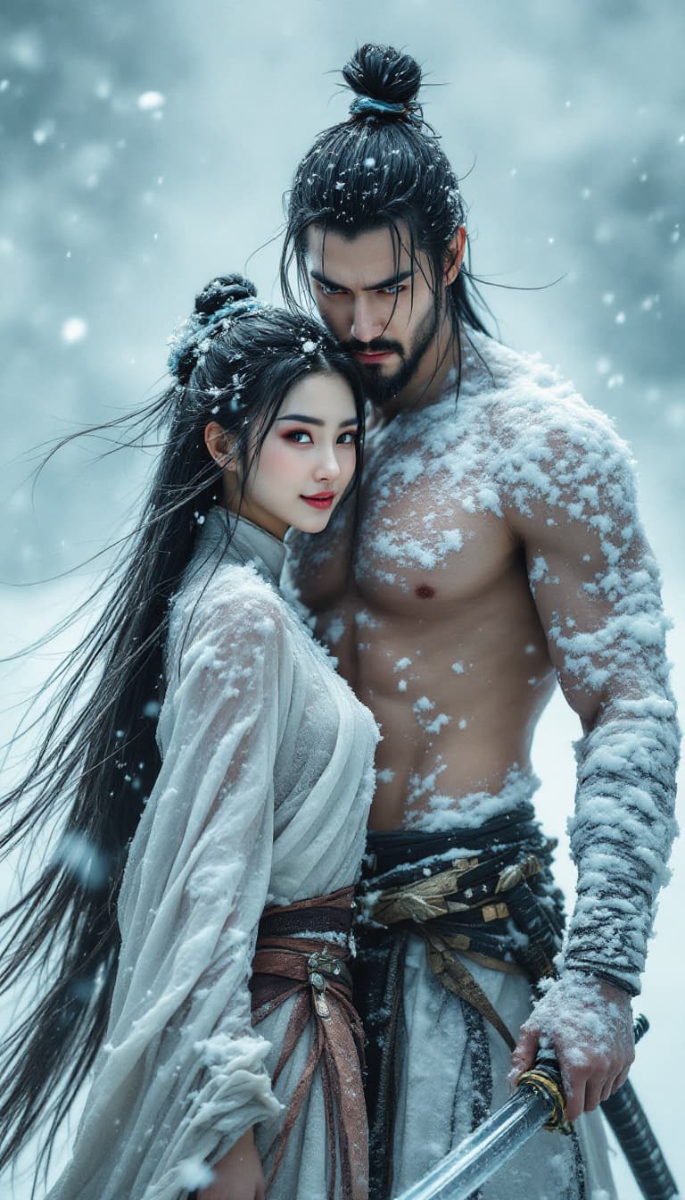 AI generated: A surreal movie scene, a Chinese ninja and a stunning beauty standing in a fierce snowstorm, the Chi...