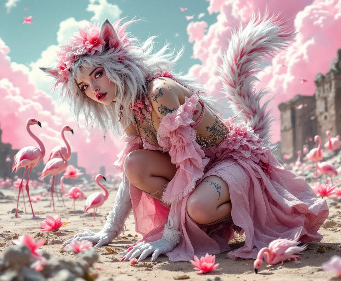 AI generated: Surreal cosmic ephemeral fantasy,  Alice in wonderland surreal psychotropic, mad hatter pink flaming...
