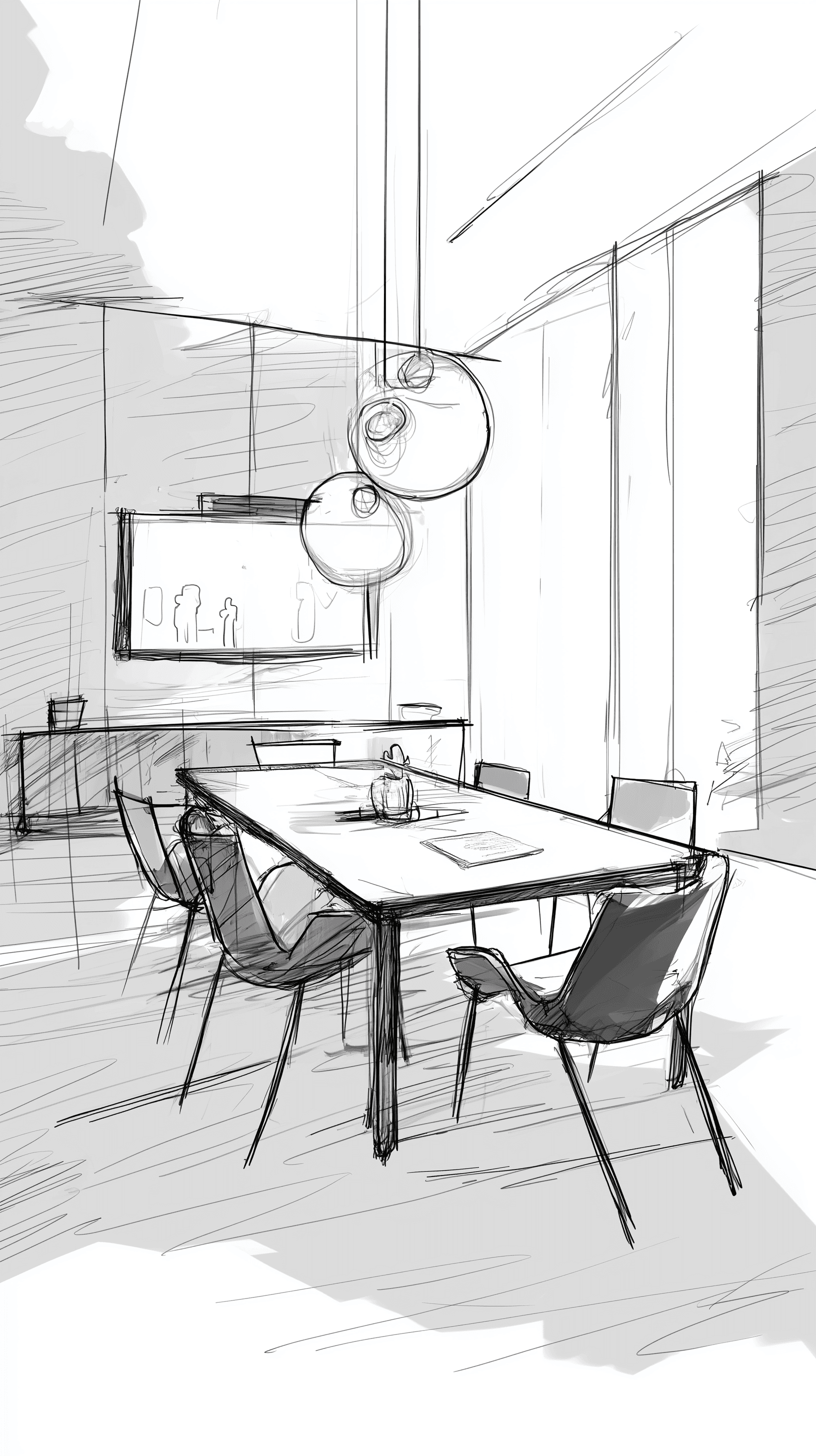 AI generated: ideation sketch, meeting room interior, minimalist style --ar 9:16 --v 7 --draft