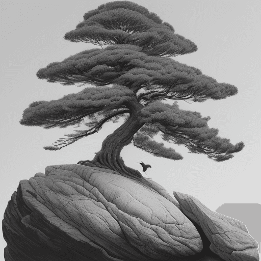 AI generated: A pine tree with drooping branches on a large rock and a pheasant on top of it
in black and white
oi...