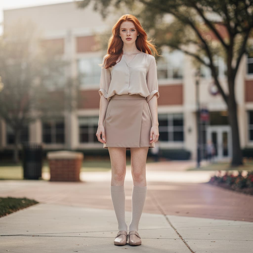 AI generated: Create an image of a redhead college girl in a blouse that is unbutton showing her c sized breasts, ...