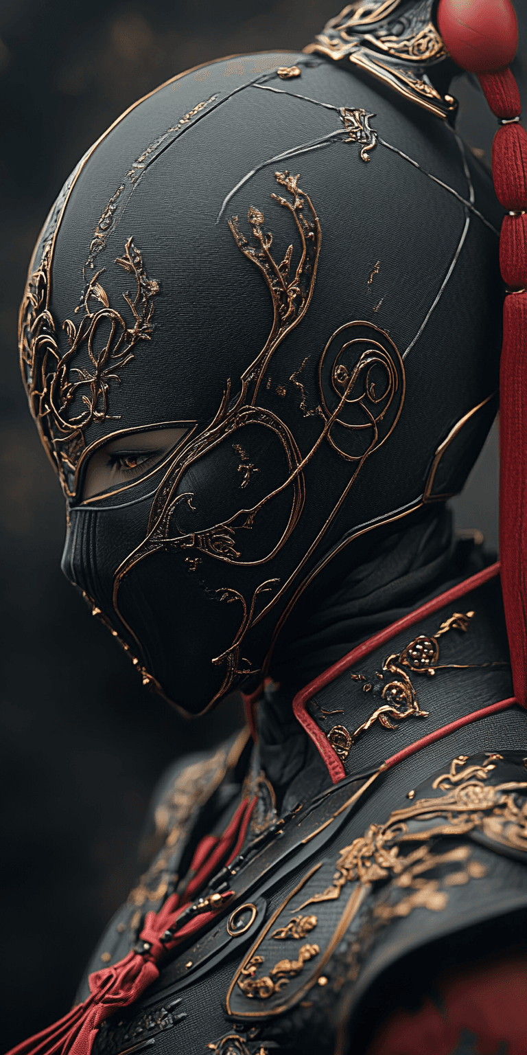 AI generated: Close-up of an Asian cyberpunk ninja in black and red with gold line work, intricate details on the ...